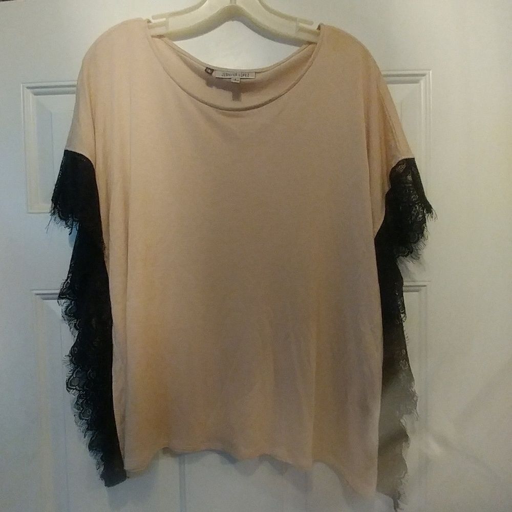 Jennifer Lopez Flesh Blouse with Black‎ Lace Accent